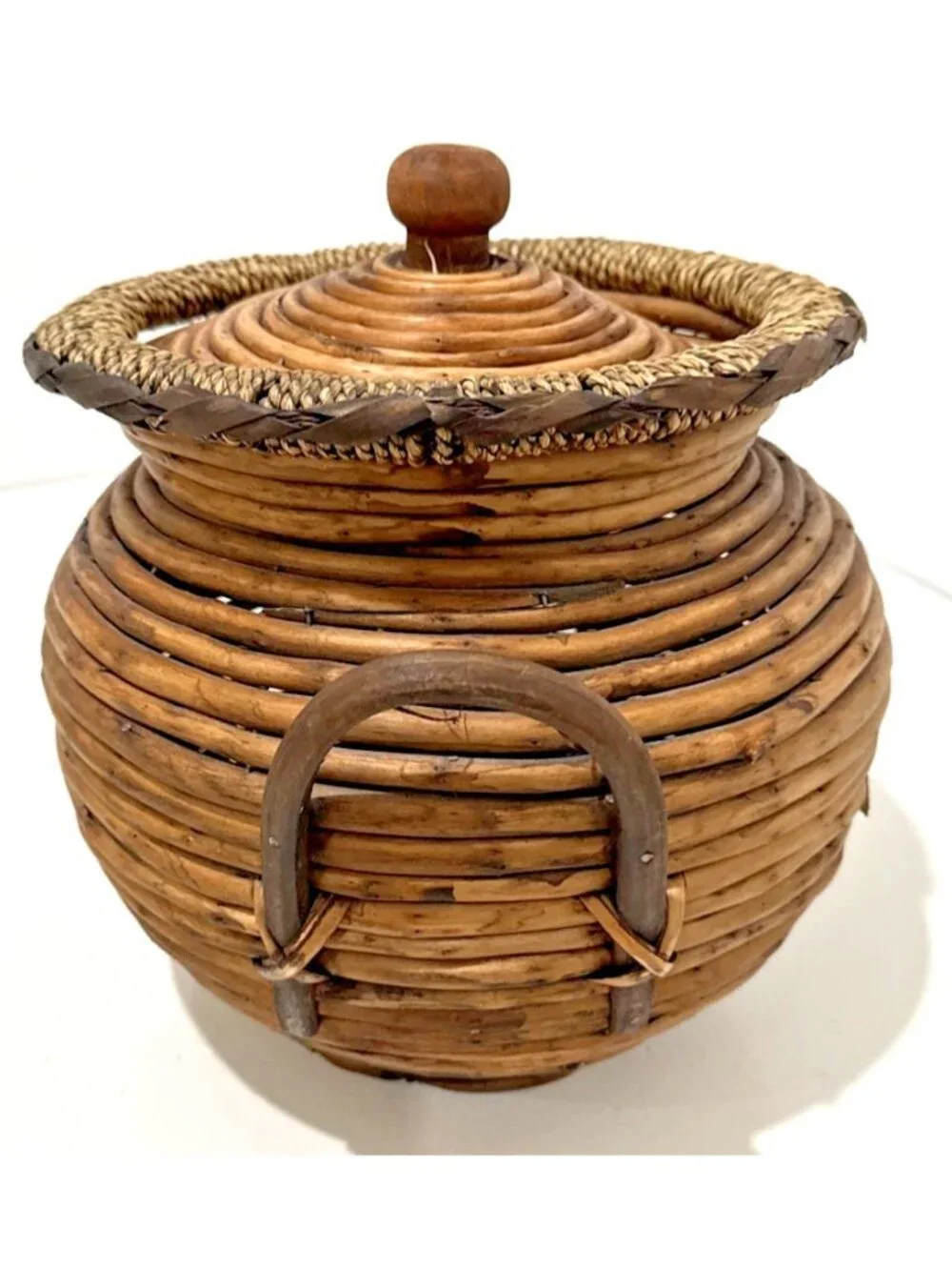Vintage MCM Pencil Reed Coiled Basket Lidded With Handles Made in Italy